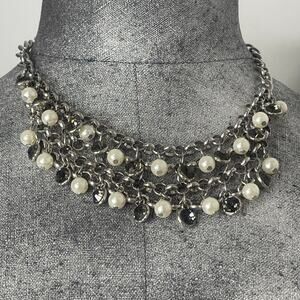 NY&Co statement necklace signed costume jewelry silver tone faux pearls crystal